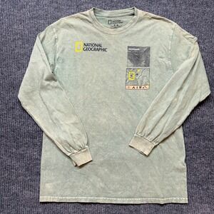 National Geographic Mens Medium Green Acid Wash Long Sleeve Graphic T-Shirt Tee
